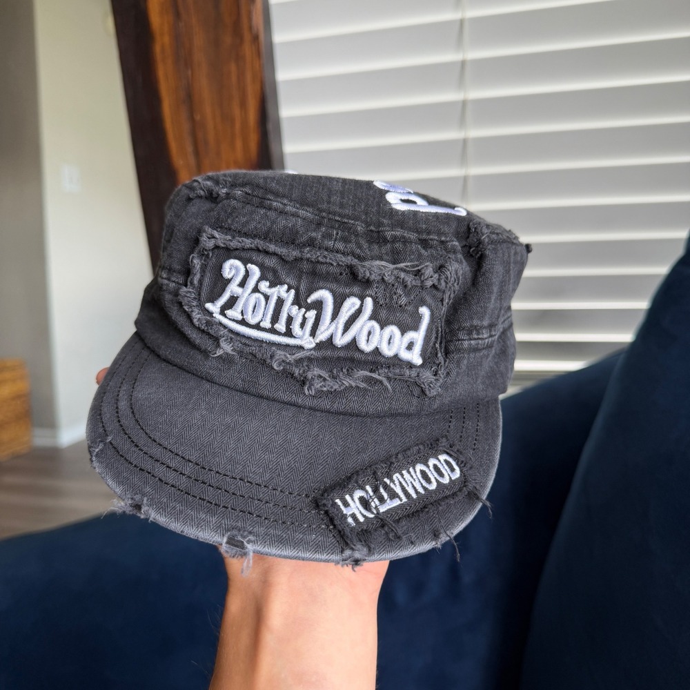 Vintage Y2K Hollywood Distressed Cadet Hat One Size Black Cap Grunge Alternative